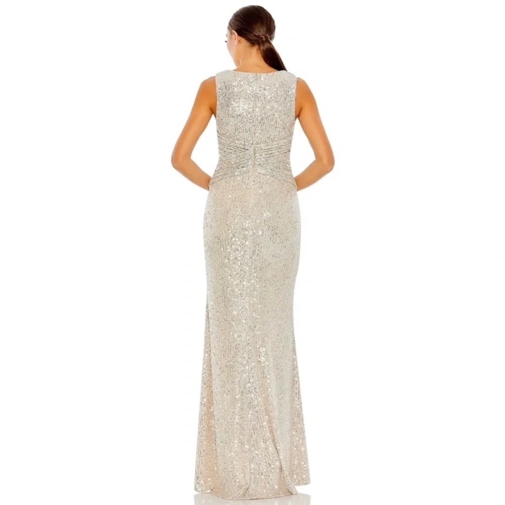 Mac Duggal Ieena 26598 V-Neck Wrap Waist Sequin Gown Dress New Champagne Formal